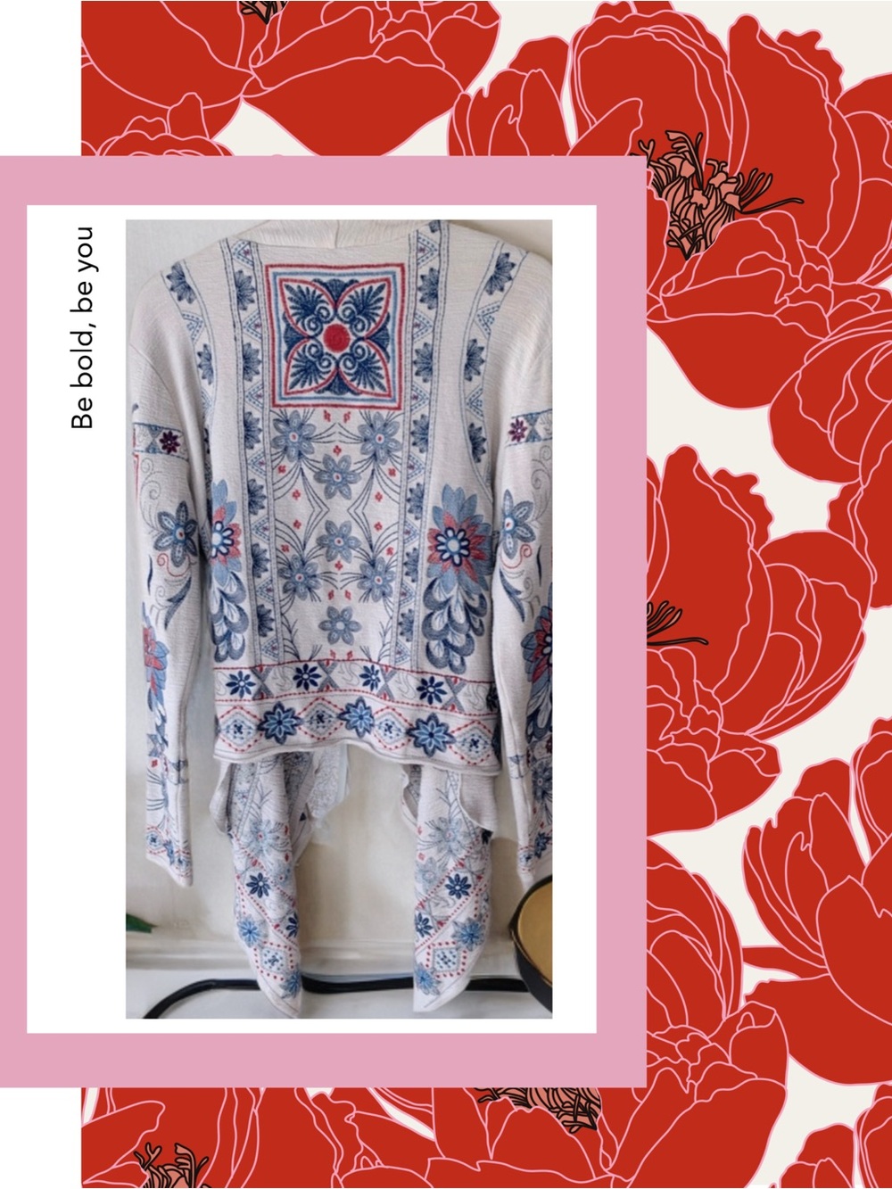 Sundance Cream Open front sweater jacket with Blue and Red Embroidered Accents.